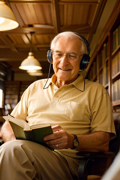 Foto un uomo che indossa le cuffie e legge un libro in una biblioteca con un libro in grembo e una lampada sopra di lui