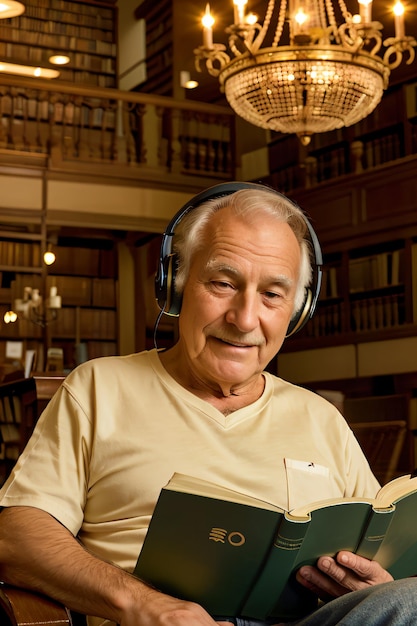 a man wearing headphones reading a book in a library with a chandelier in the background and a chand