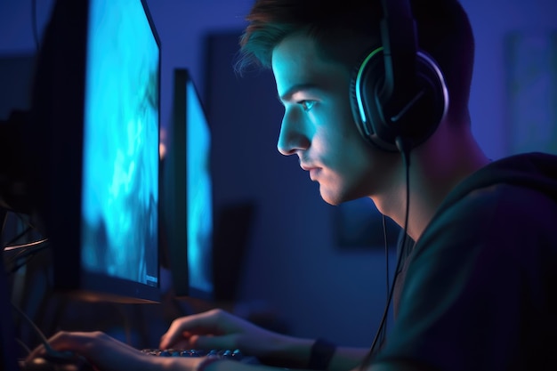 A man wearing headphones sits at a computer with a blue screen