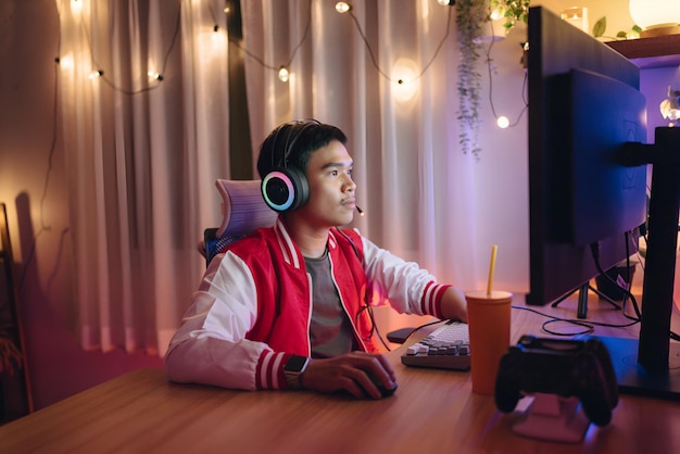 Photo a man wearing headphones sits at a desk with a keyboard and a mouse