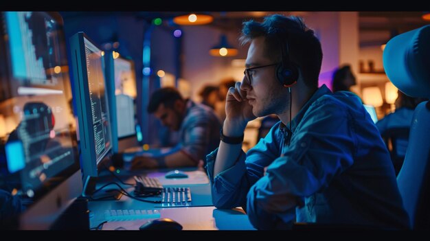 Photo a man wearing headphones sitting at a desk with a computer