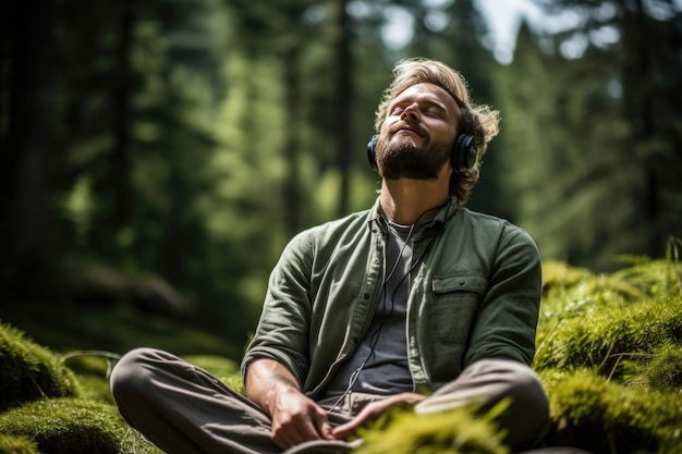 A man wearing headphones sitting on a green lawn in nature surrounded by trees relaxation meditation restoration of mental strength