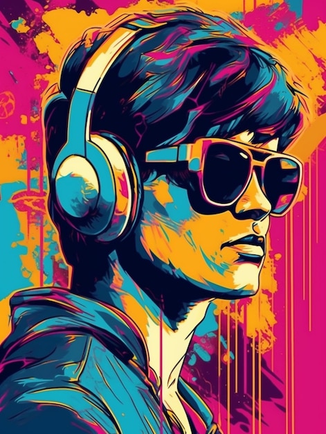 A man wearing headphones and sunglasses with a colorful background generative ai