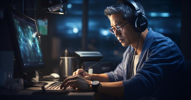 a man wearing headphones and using a computer