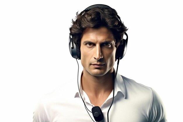 a man wearing headphones and a white shirt