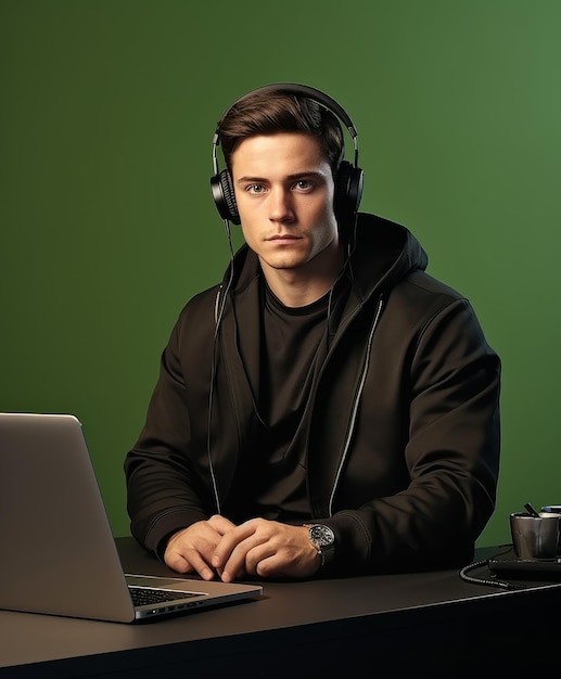 Man Wearing Headphones Working at Laptop Desk