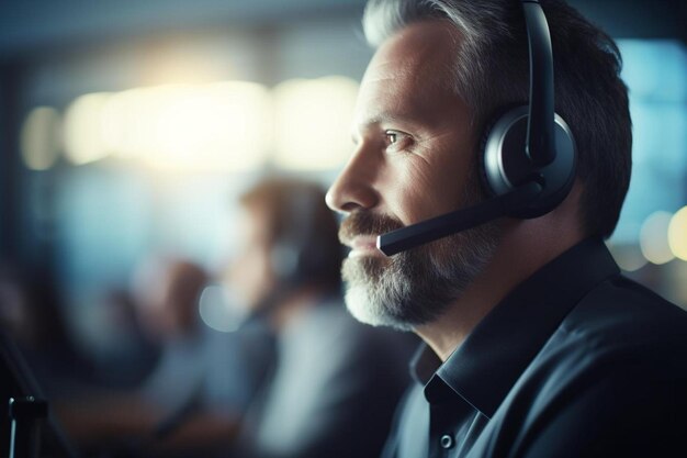 Foto un uomo che indossa un auricolare in un call center