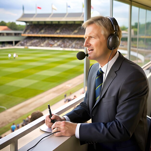 Photo a man wearing a headset is sitting in a stadium with a microphone