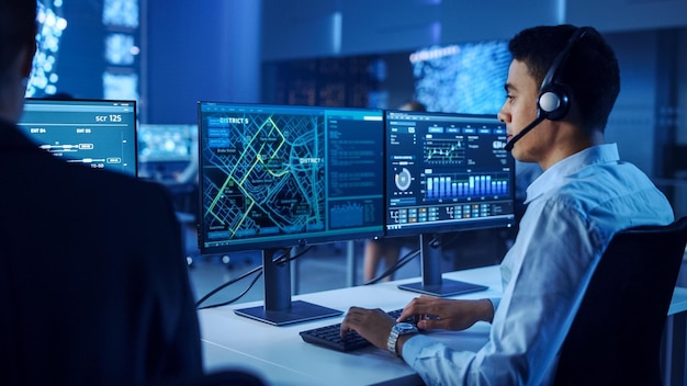 A man wearing a headset sits at a desk with a map on the screen.