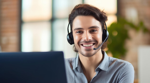 A man wearing a headset sits at a laptop with a laptop in front of him.