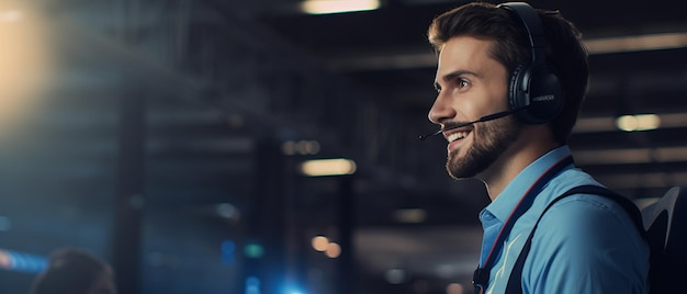 A man wearing a headset talking Helpdesk callcenter service operator