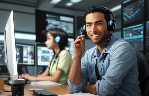 a man wearing a headset while sitting in front of a computer monitor with a woman in the background