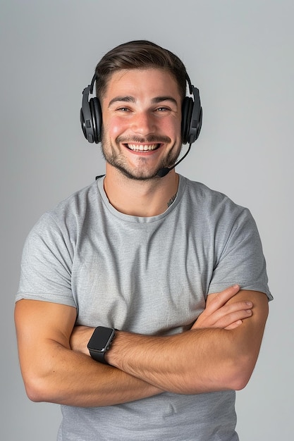 a man wearing a headset with a smile on his face