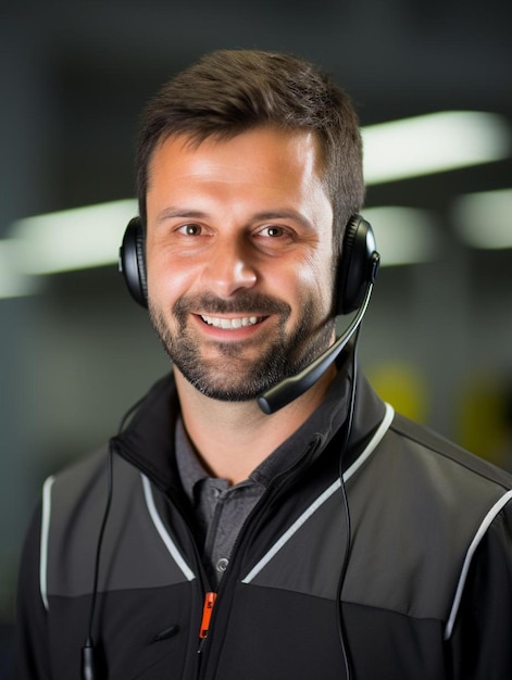a man wearing a headset with a smile on his face