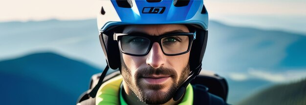 Photo man wearing helmet and glasses stands confidently before towering mountain backdrop ready for adventure and exploration he may be gearing up for bicycle ride or some other outdoor activity