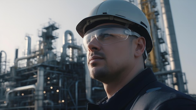 A man wearing a helmet and glasses stands in front of a factory with a factory in the background.