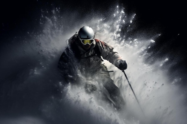 A man wearing a helmet and goggles is skiing in the snow.