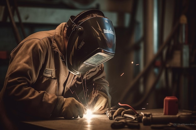 A man wearing a helmet and a helmet is welding a piece of metal.