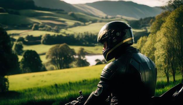 Foto un uomo che indossa un casco siede su una motocicletta e si affaccia su una verde vallata.