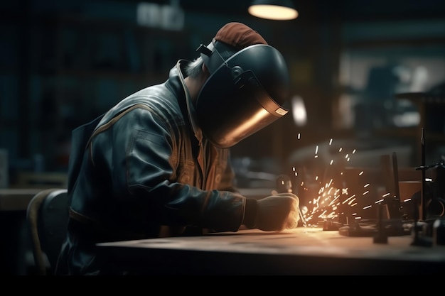 A man wearing a helmet and a welding mask works on a piece of metal.