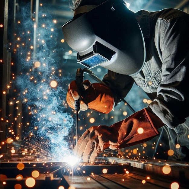 Man wearing a helmet who is working on a piece of metal a man working on a metal piece fires image
