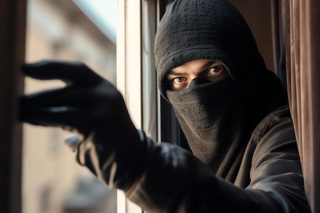 A man wearing a hijab and a black hijab looks out a window.