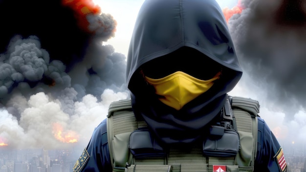 A man wearing a hood and a mask with the word fire behind him