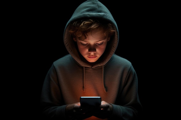 Photo a man wearing a hoodie is seen looking at his cell phone this image can be used to illustrate technology communication or modern lifestyle concepts