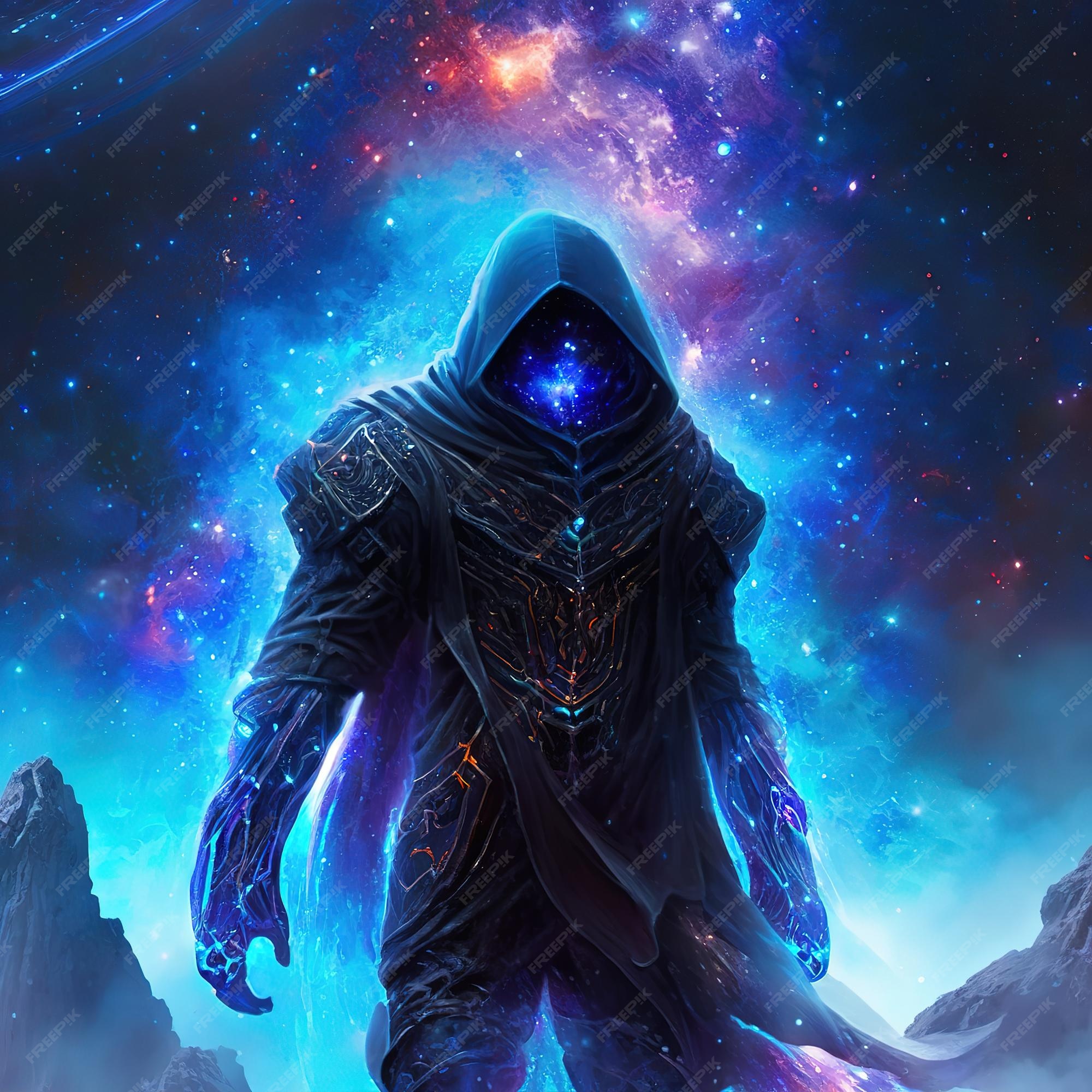 Premium AI Image | the man wearing hoodie and mask on galaxy background