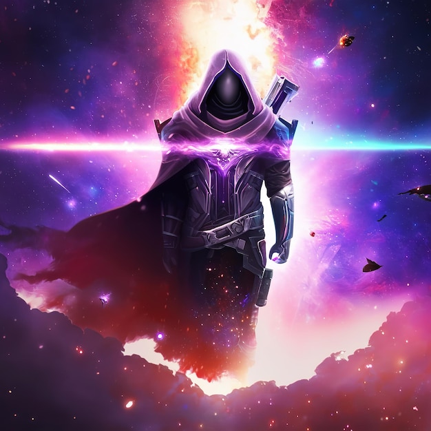 the man wearing hoodie and mask on galaxy background