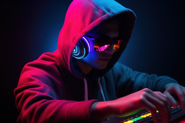 A man wearing a hoodie and sunglasses plays a dj with a neon light behind him.