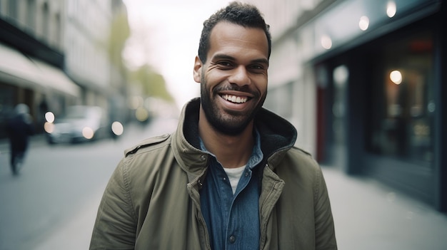 A man wearing a jacket and a blue shirt smiles in a street.