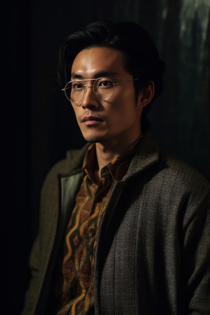 A man wearing a jacket and glasses stands in front of a dark background.