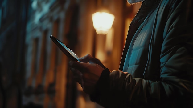 재을 입은 남자가 밤에 거리를 는 동안 스마트폰을 사용하고 있습니다. 거리 램프의 따뜻한 빛은 그의 얼굴에 빛을 습니다.