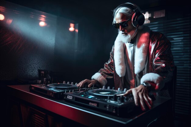 A man wearing a jacket and sunglasses plays music on a turntable.