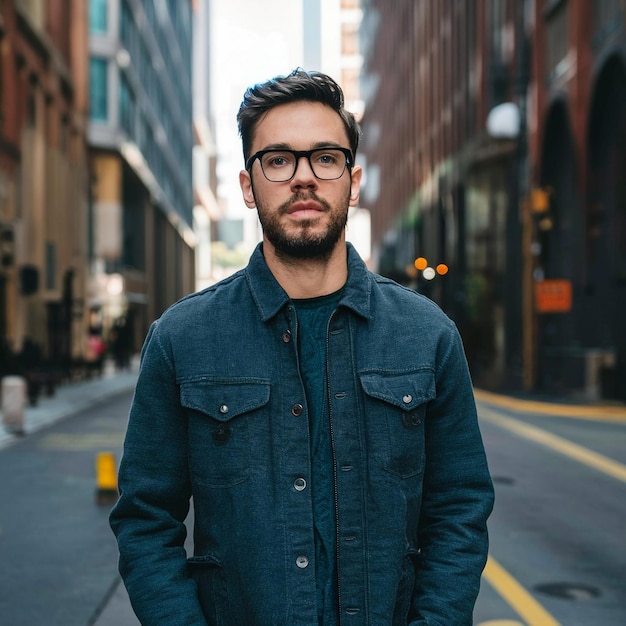 a man wearing a jacket that says quot he is standing in the street quot