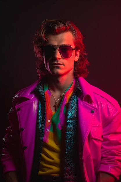 a man wearing a jacket with a colorful shirt and sunglasses