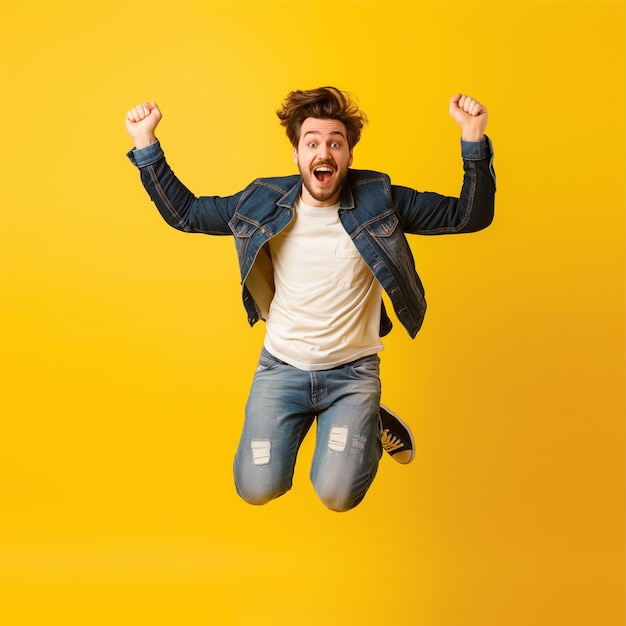 Foto uomo con i jeans che salta con la faccia eccitata