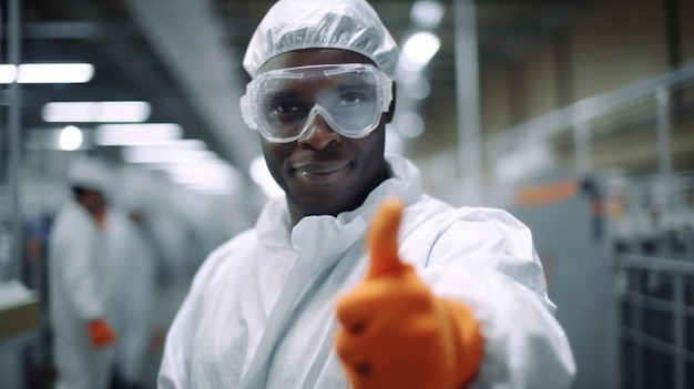 A man wearing a lab coat and goggles gives a thumbs up