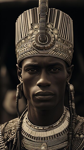 a man wearing a large headdress and a necklace