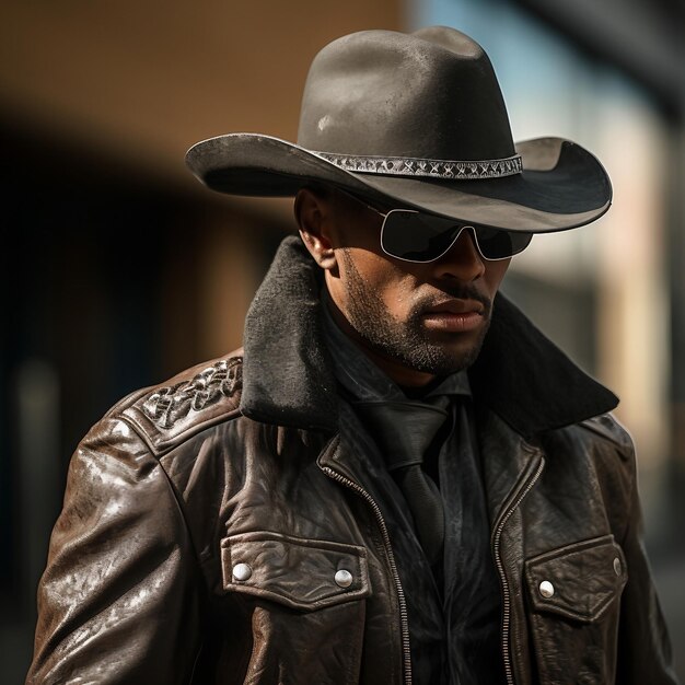 A man wearing a leather jacket and a cowboy hat