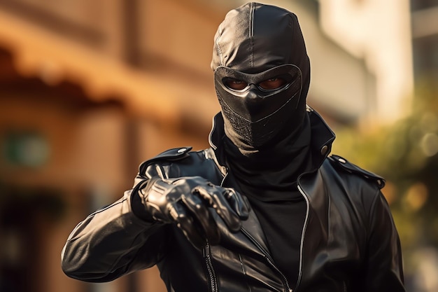 A man wearing a leather jacket and a mask looks at a watch