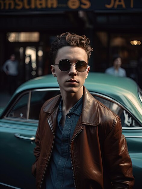 a man wearing a leather jacket and sunglasses is standing in front of a green car