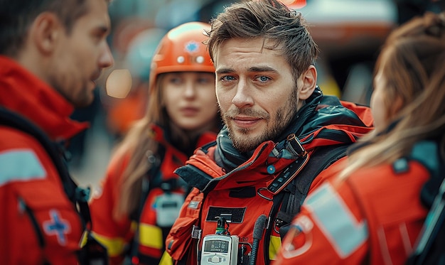 Foto un uomo che indossa un giubbotto di salvataggio e una telecamera sul petto