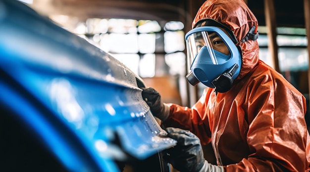 A man wearing a mask and a blue hood is working on a vehicle.