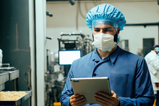 Man wearing mask and holding digital tablet during quality control inspection at food production factory