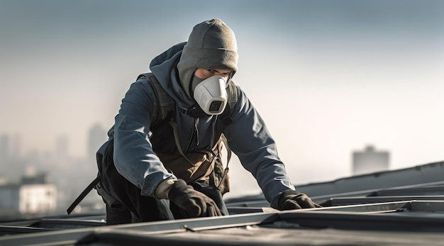 A man wearing a mask and a hood is working on a roof