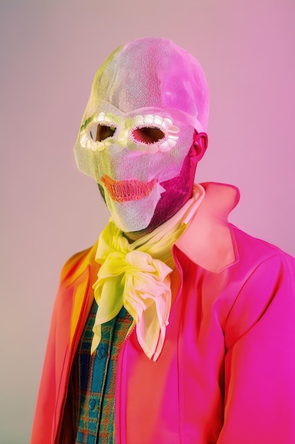 A man wearing a mask that says'neon'on it