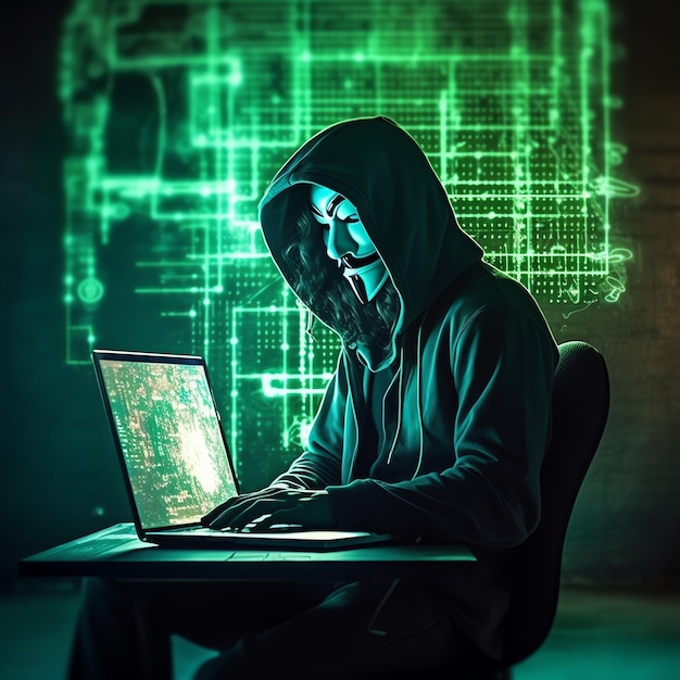 A man wearing a mask and using a laptop