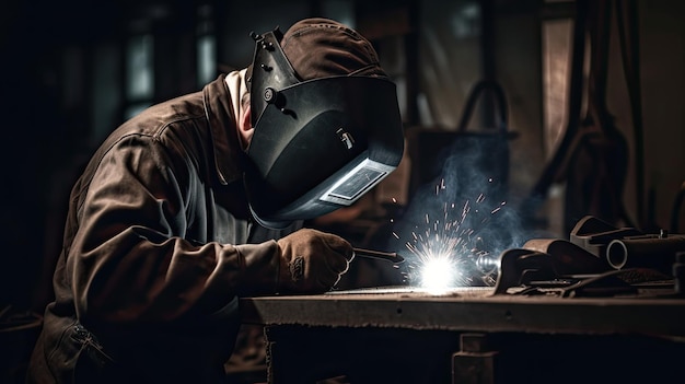 A man wearing a mask and welding a piece of metal with a torch.